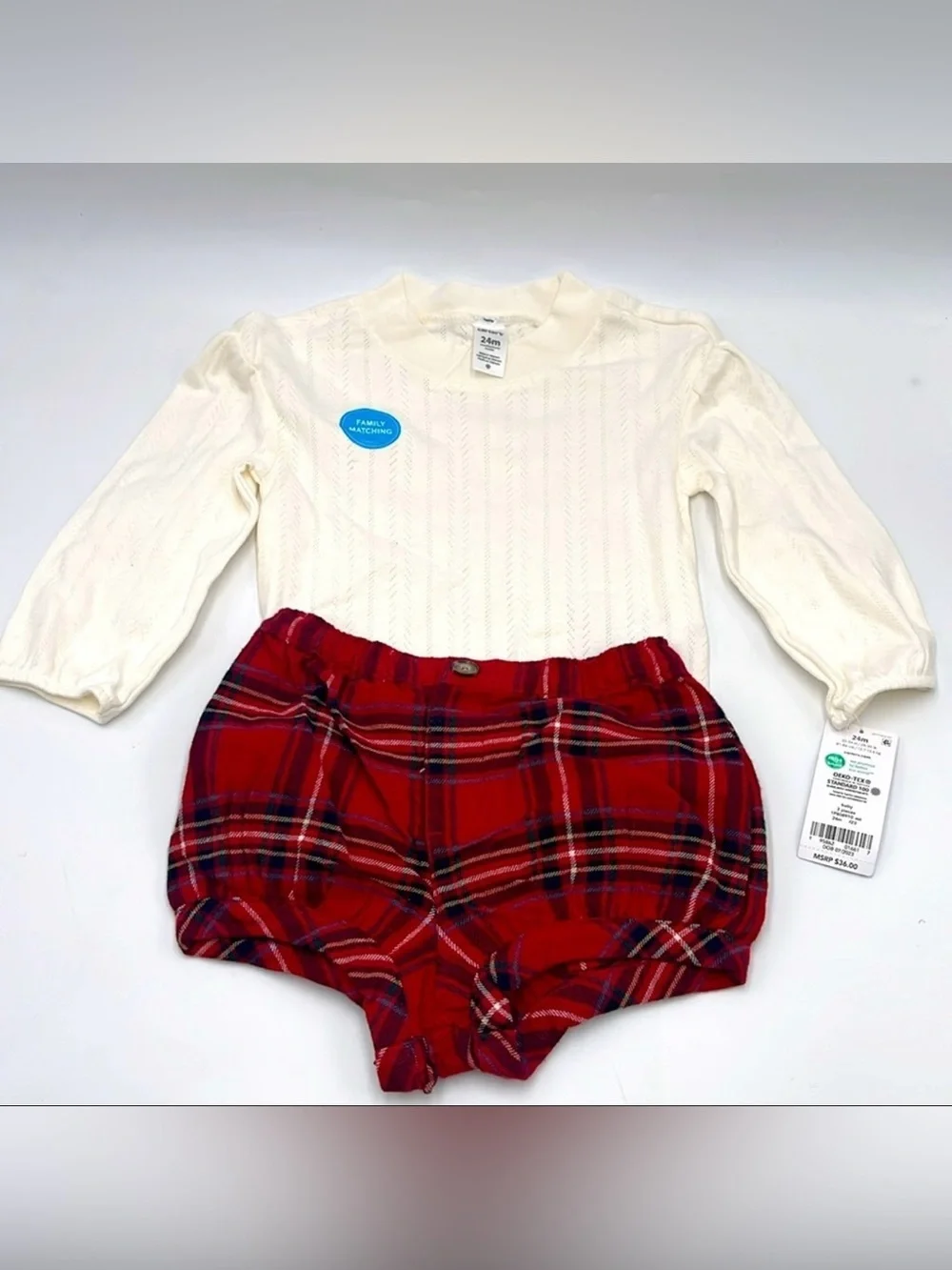 Carter's Cream Knit Long-Sleeve Bodysuit with Red Plaid Bloomers & Red Tights
